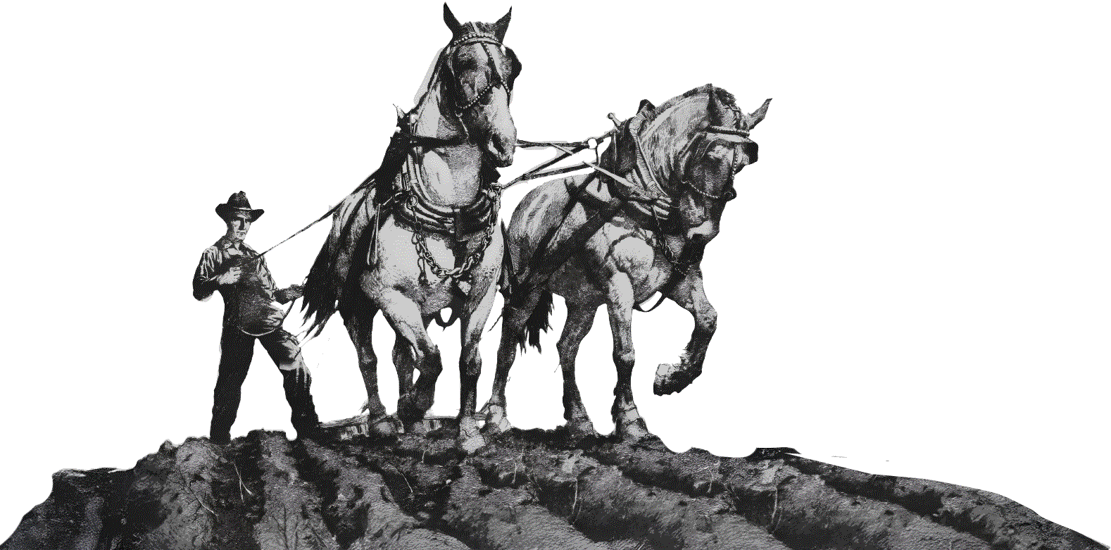 Workhorse symbol: a farmer driving two draft horses across a hilltop.