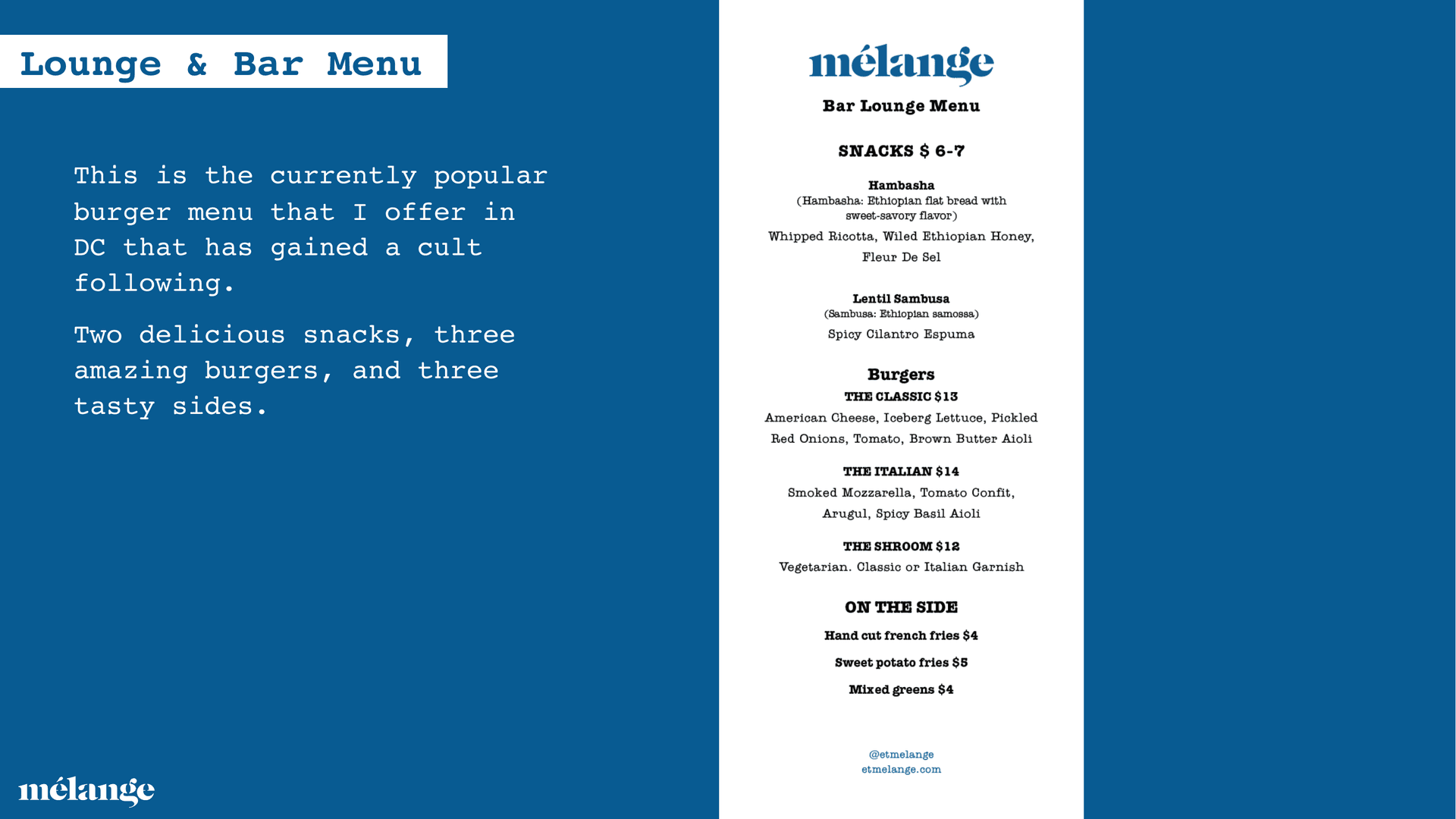 Lounge & Bar Menu spread · burgers, snacks, sides