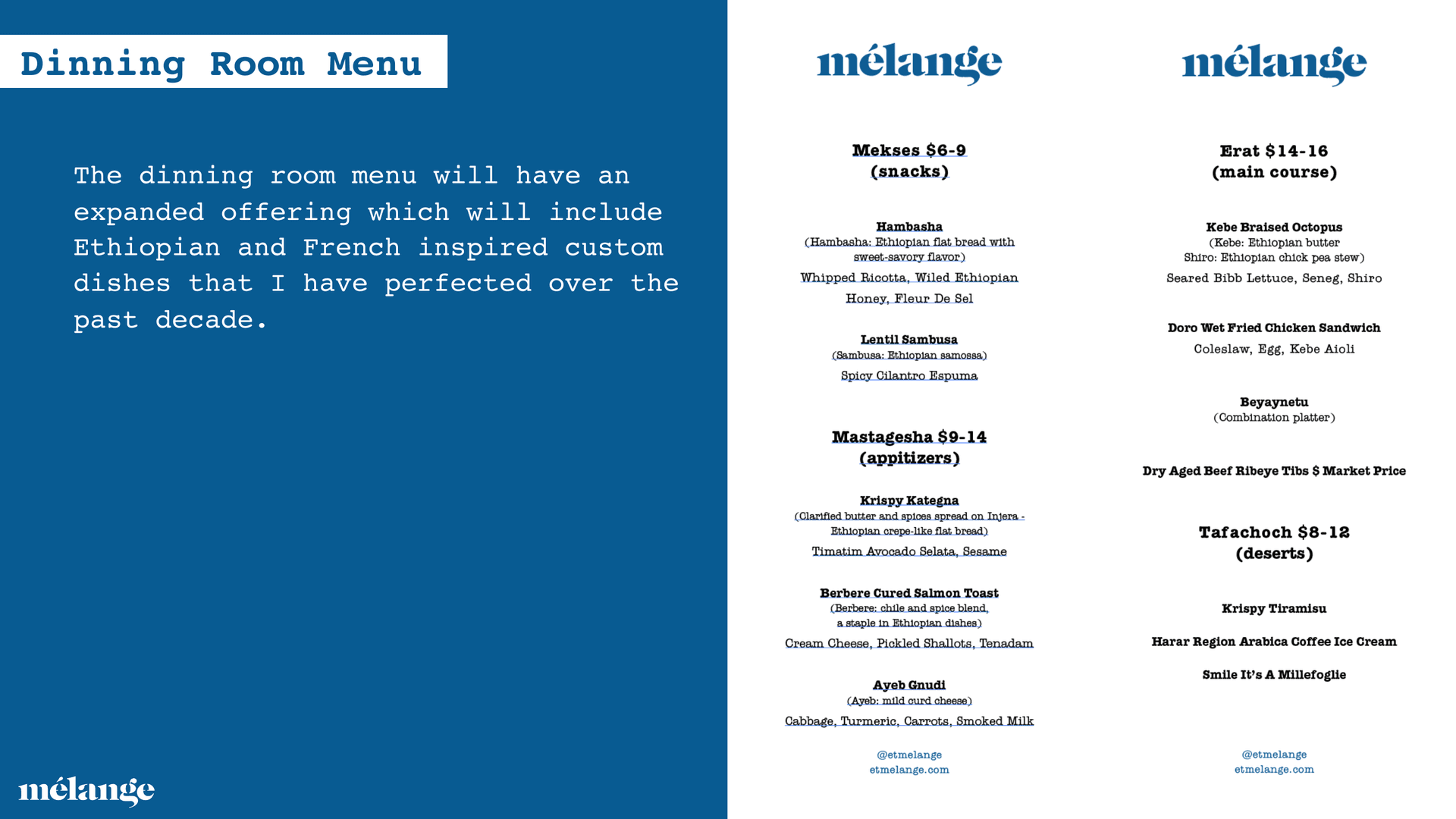Dining Room Menu spread · Mekses, Mastagesha, Erat, Tafachoch