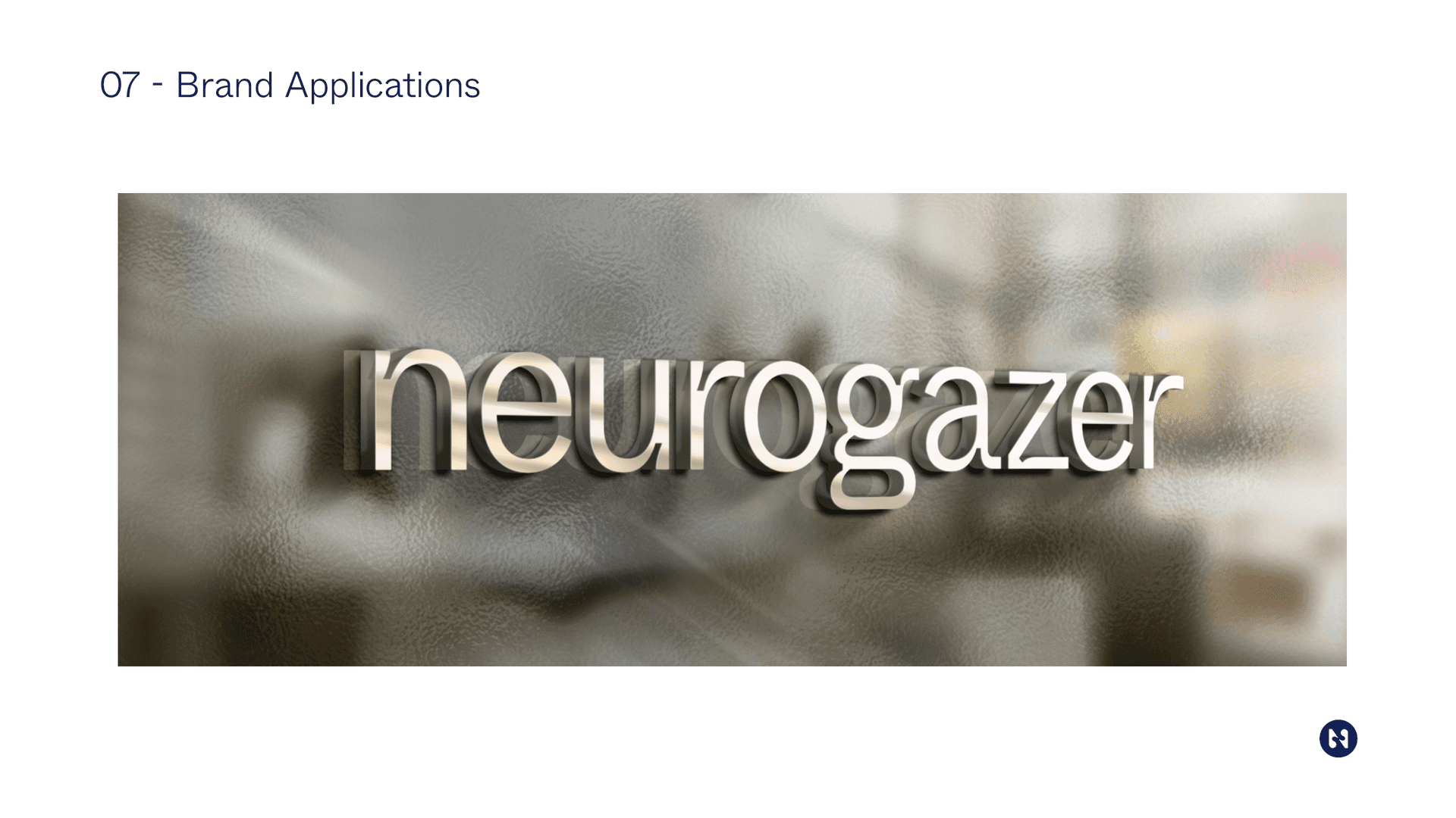 Neurogazer 3D wordmark · lobby installation
