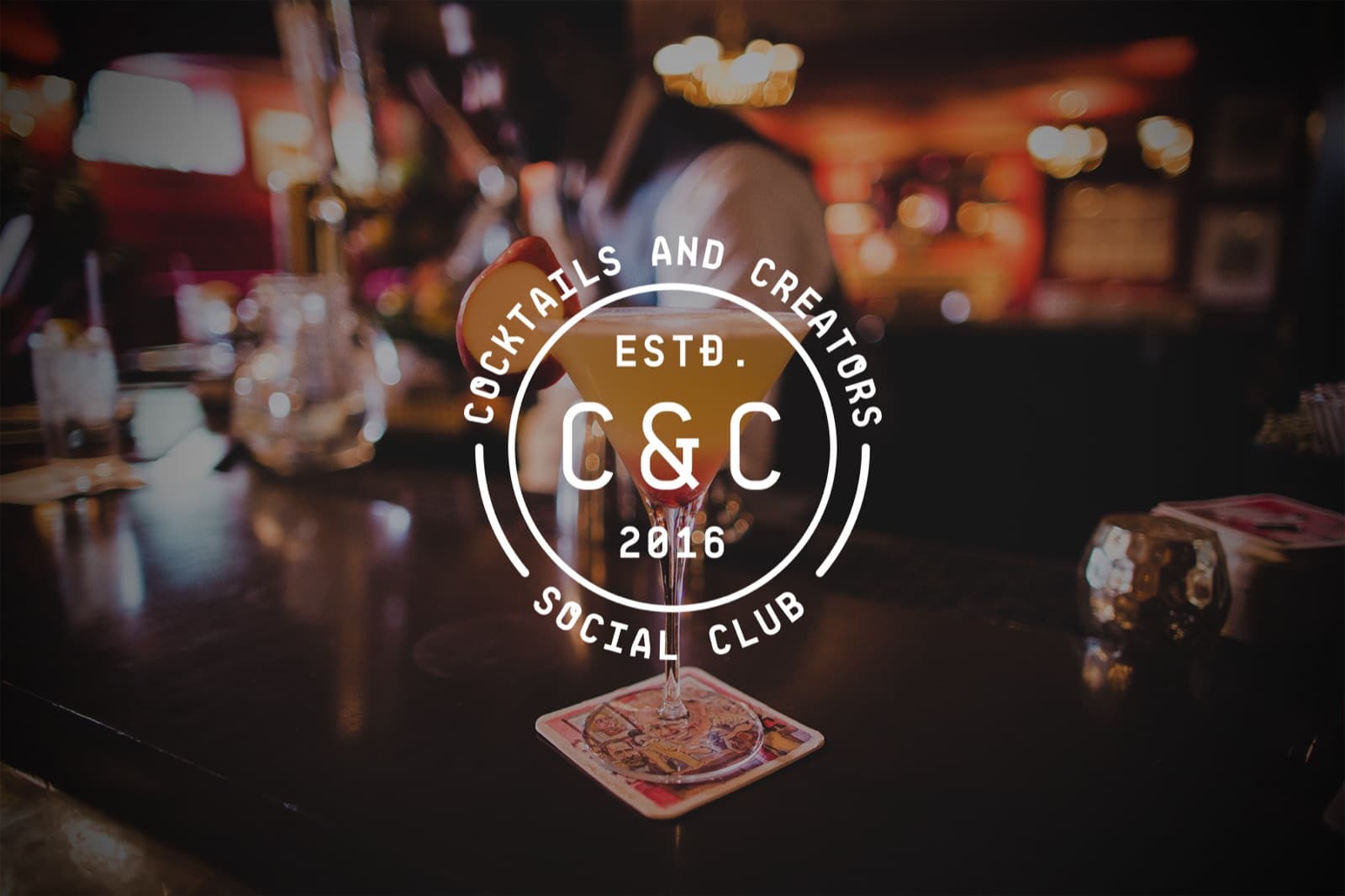 Cocktails & Creators monthly social club poster, monoline badge over a bar bokeh.