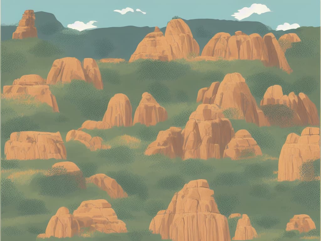 Stable Diffusion plate: warm sandstone outcrops scattered across green brush, soft blue sky above. Kindred Diapers pattern study.
