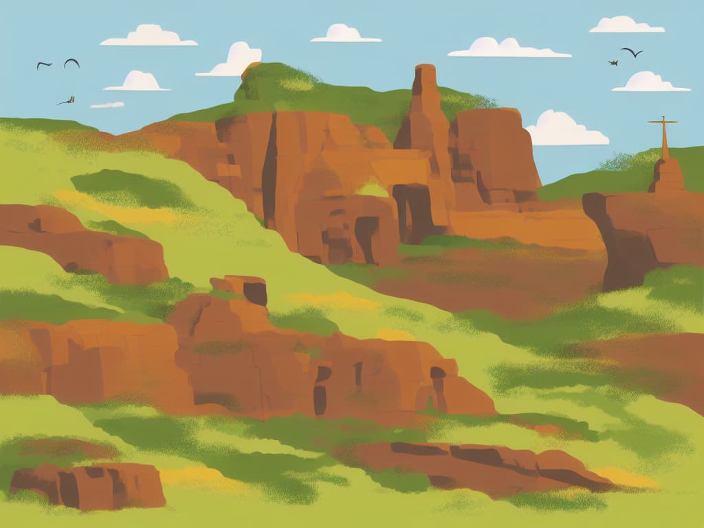 Stable Diffusion plate: tall rust-colored bluffs rising from green hills, a small monument silhouette on the right edge. Kindred Diapers pattern study.