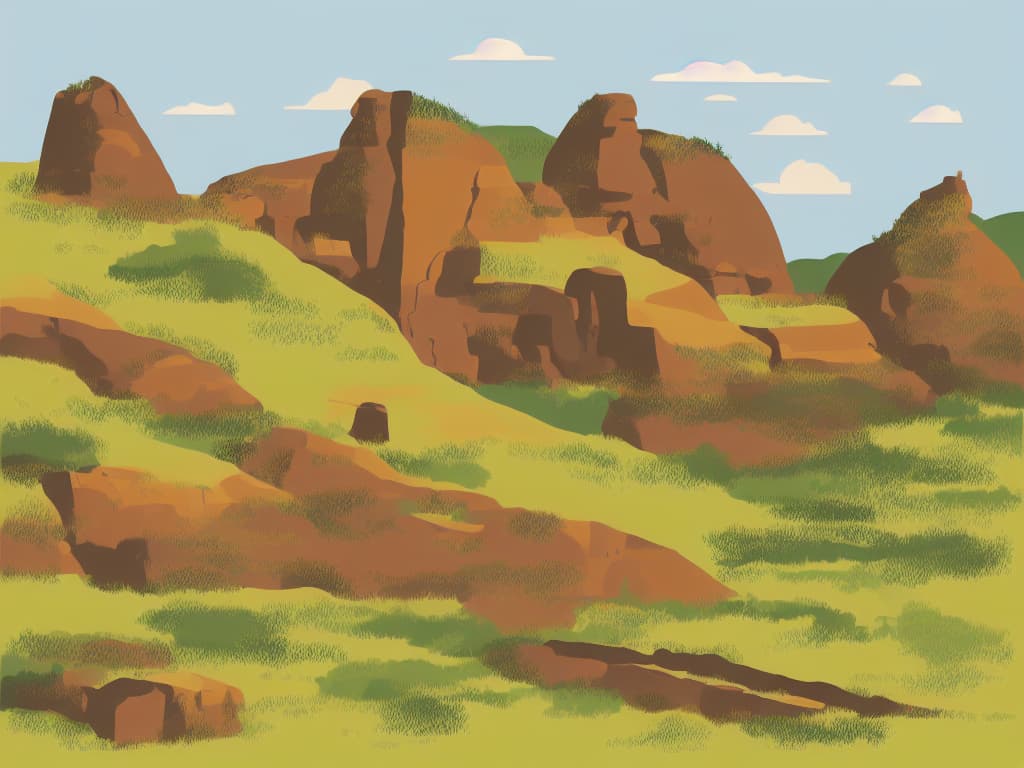 Stable Diffusion plate: clustered rust-orange boulders on a chartreuse meadow, gentler horizon. Kindred Diapers pattern study.