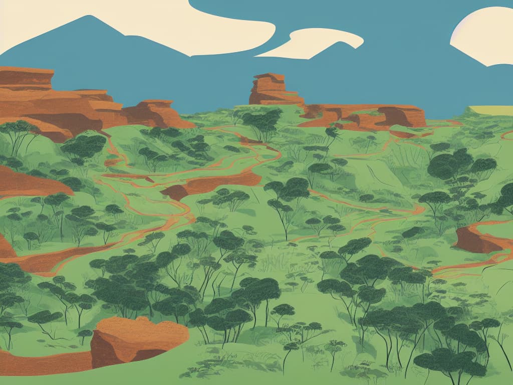 Stable Diffusion plate: dense outcrop field receding to distant ridgelines, dusk palette. Kindred Diapers pattern study.