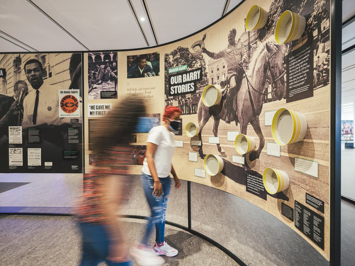 MLK Memorial Library exhibition, the audio cone listening wall with the Barry Stories panel behind.