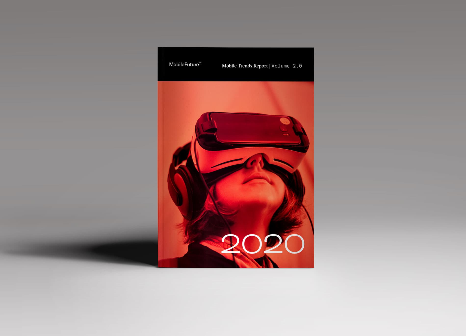 The Mobile Trends Report 2.0 cover: a red virtual reality headset