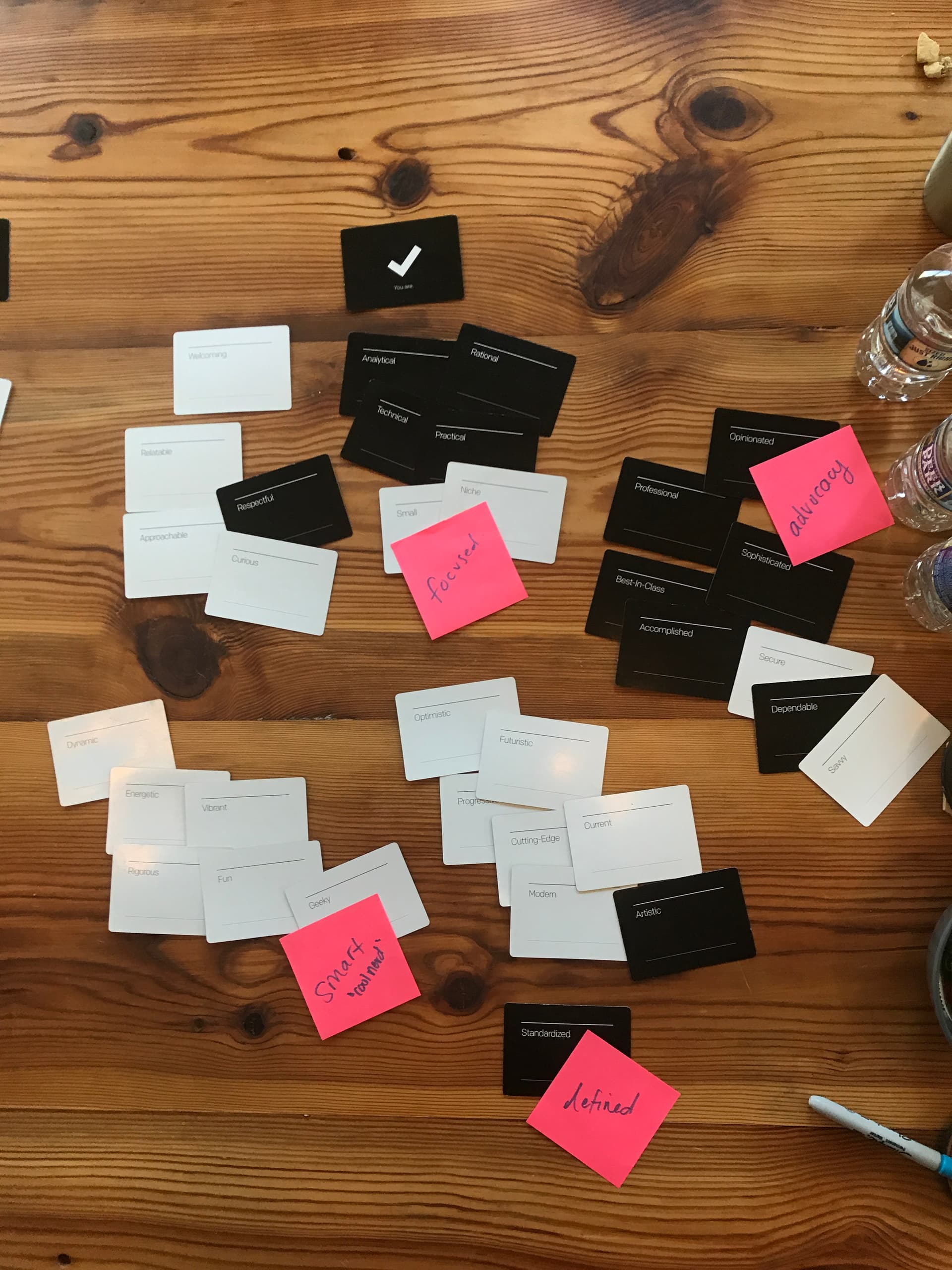 Attribute cards sorted on a wooden table during the kickoff