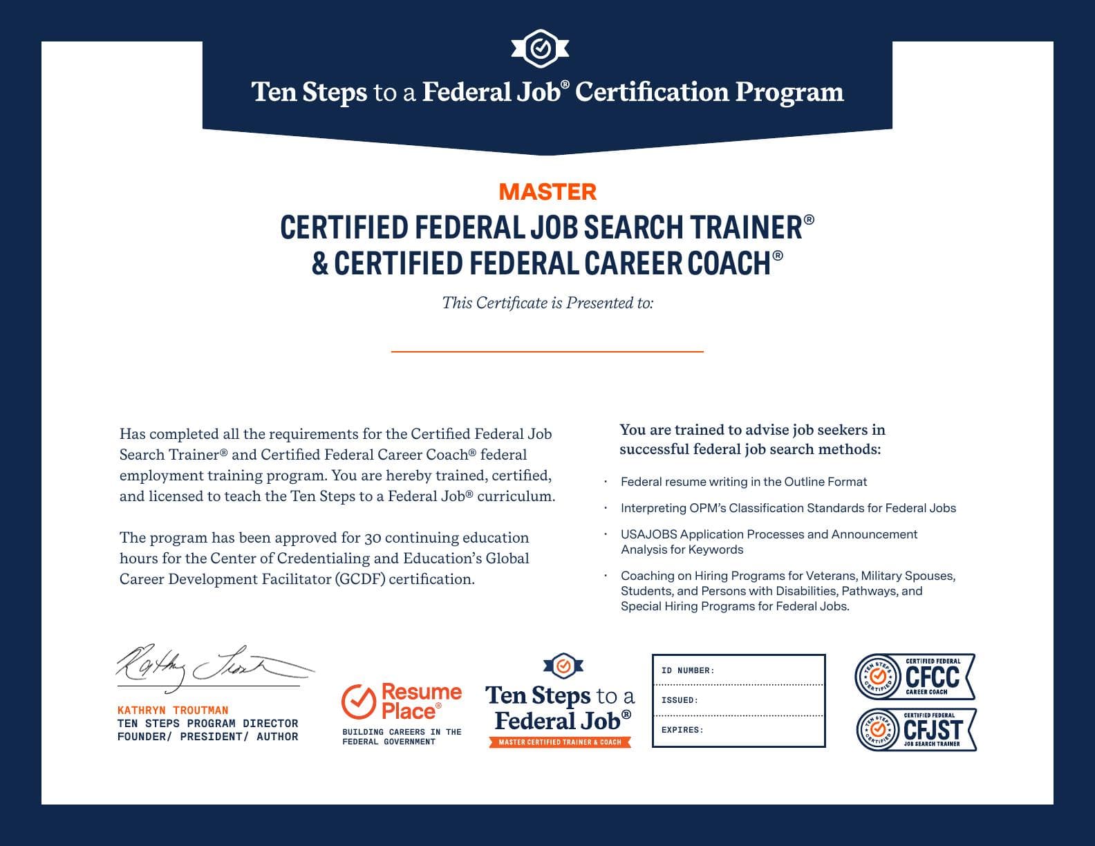 Certified Federal Job Search Trainer certificate for the Ten Steps program