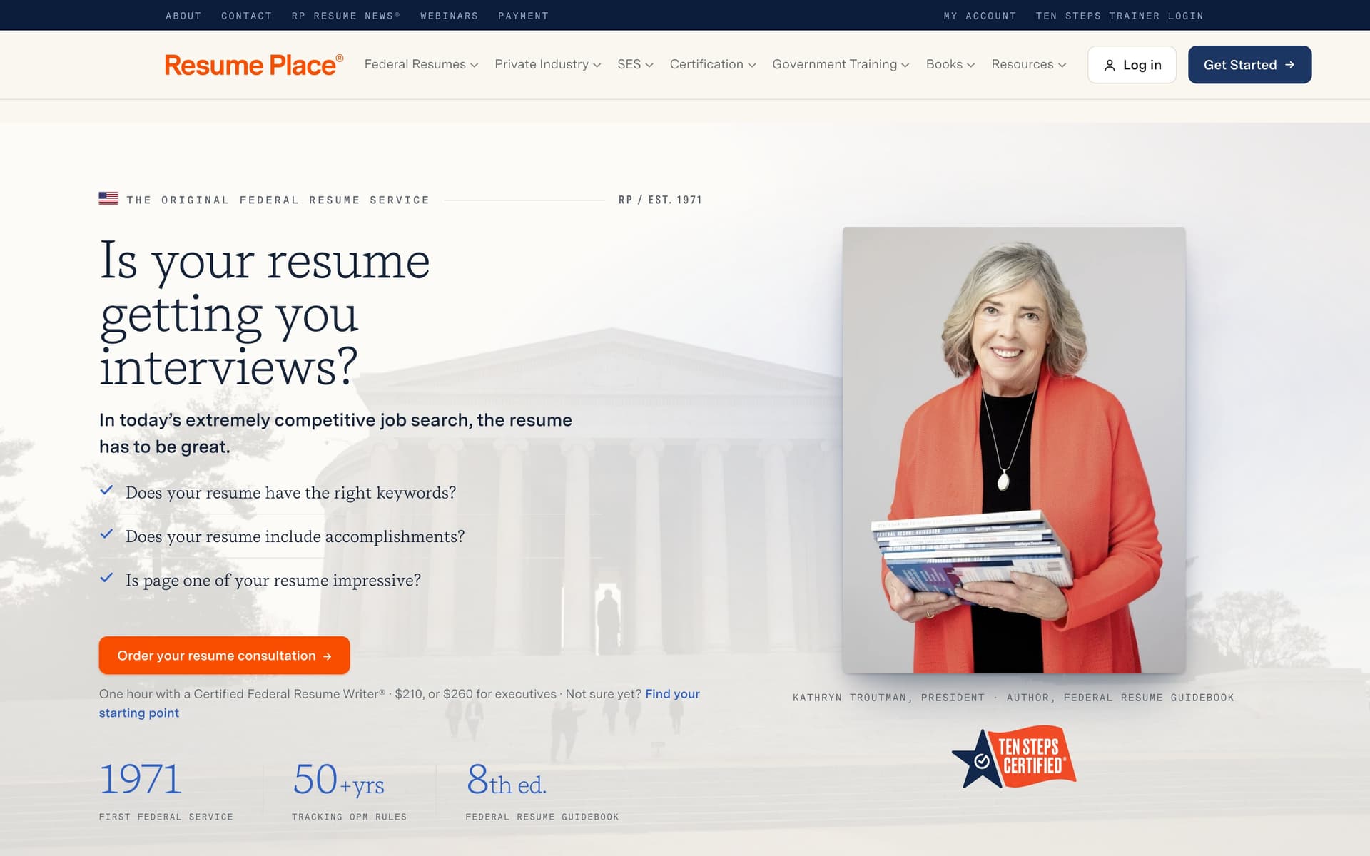 The Resume Place homepage: Is your resume getting you interviews? beside a portrait of Kathryn Troutman holding her books