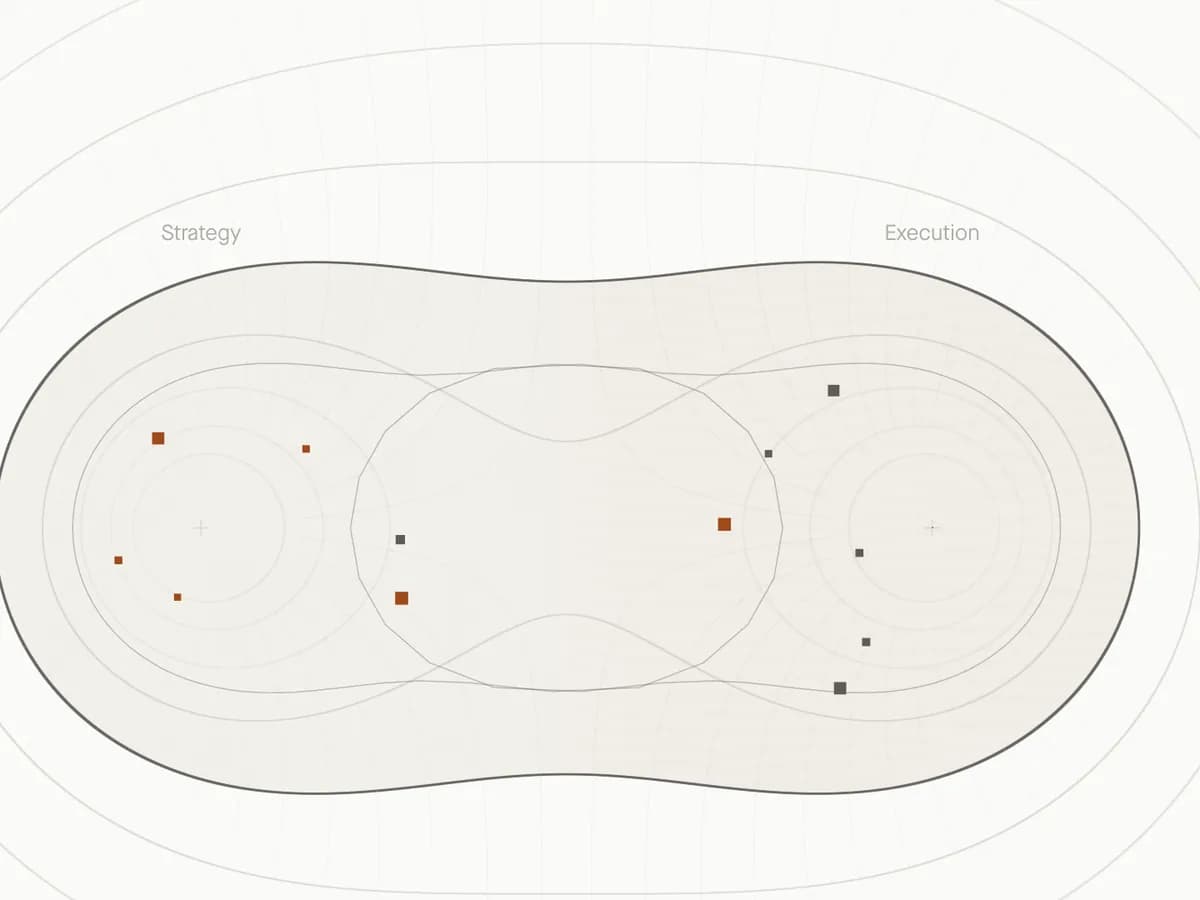 Strategy and Execution merged into a single rounded outline, with small squares of material moving inside it.
