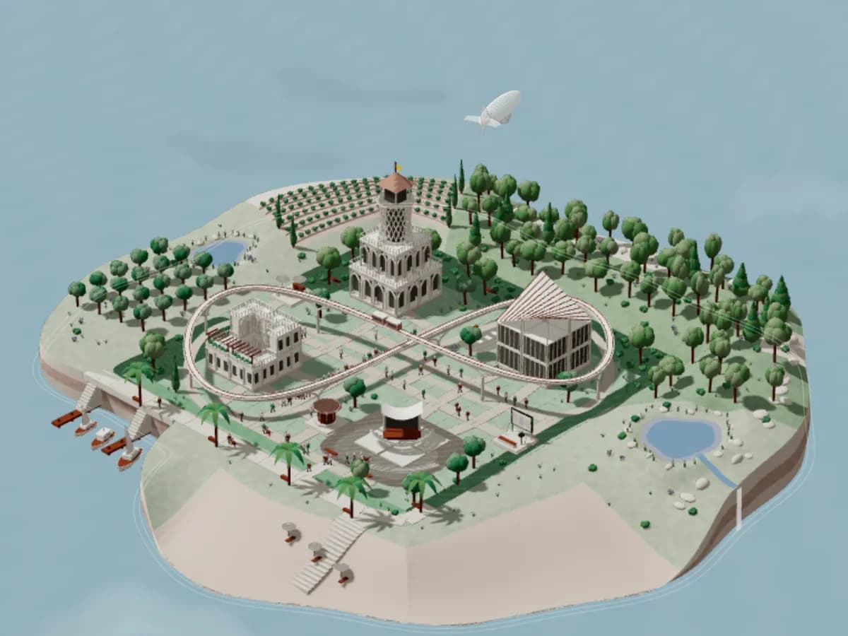 A finished island town built around the figure-eight railway, with a tower, a festival hall, a harbor and planted streets.