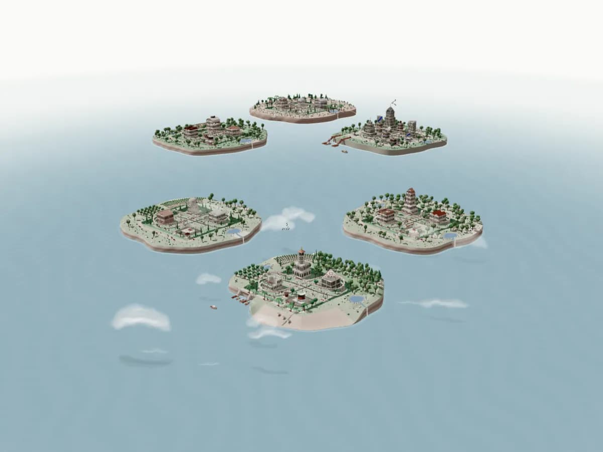 Six island towns across a curved sea, one for each field we design for.