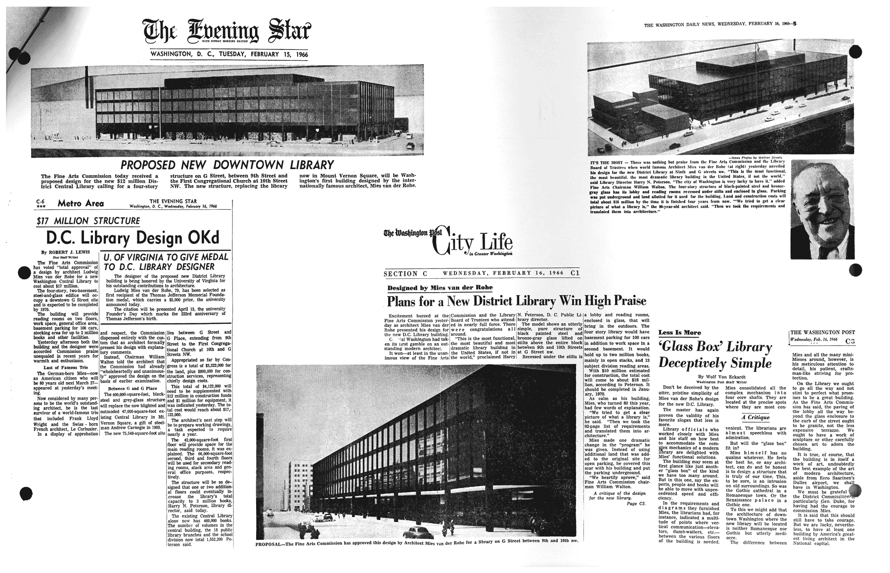 Evening Star and Washington Post clippings from 1966 on the proposed downtown library, with Mies’s elevation