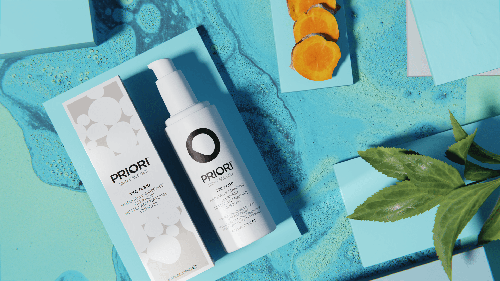 Naturally Enriched Cleanser and carton on a turquoise marbled set with turmeric slices and leaves
