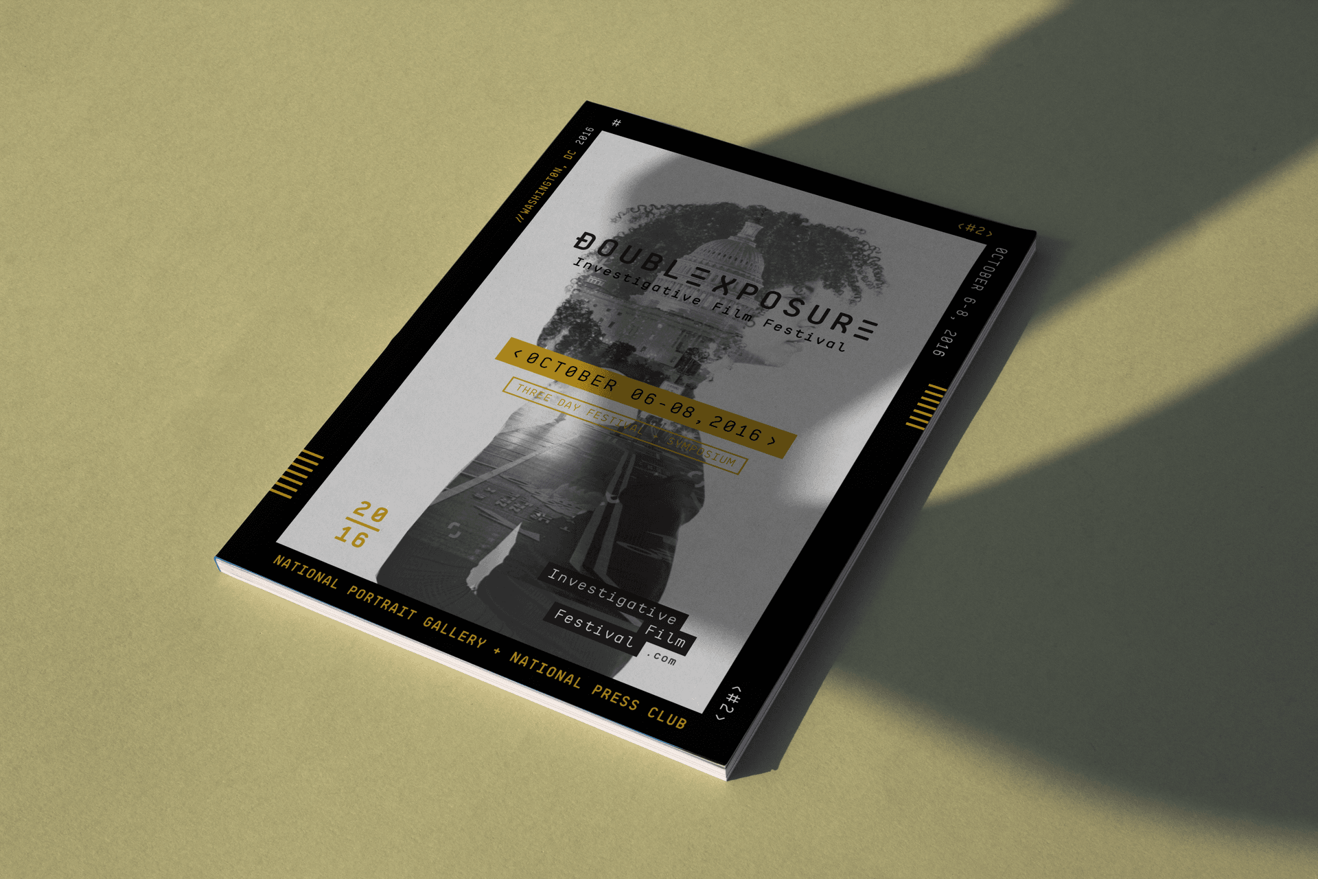The festival program cover, a double-exposed portrait in a black frame