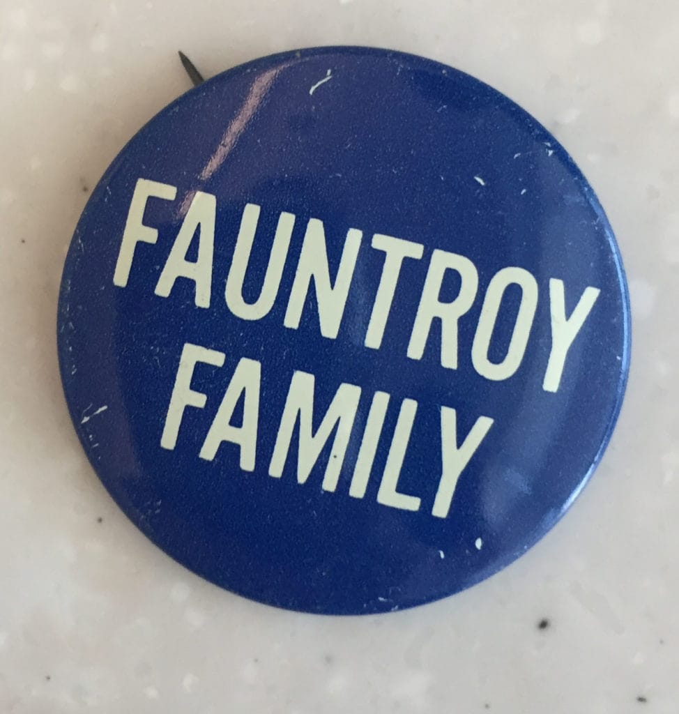 A blue Fauntroy Family button