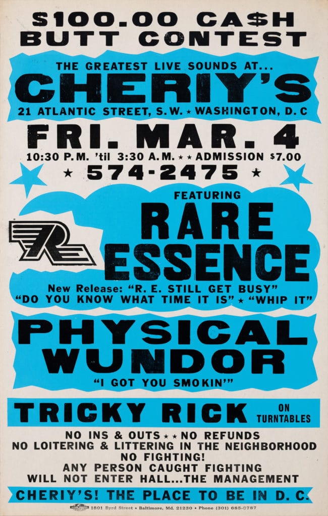 A handbill for Rare Essence at Cheriy’s, blue and black on white