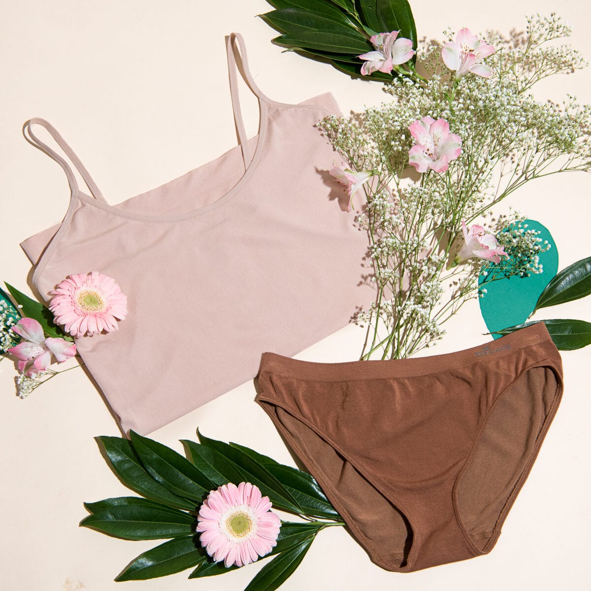 Naturally You post: a cami and brief laid out with gypsophila and a pink gerbera