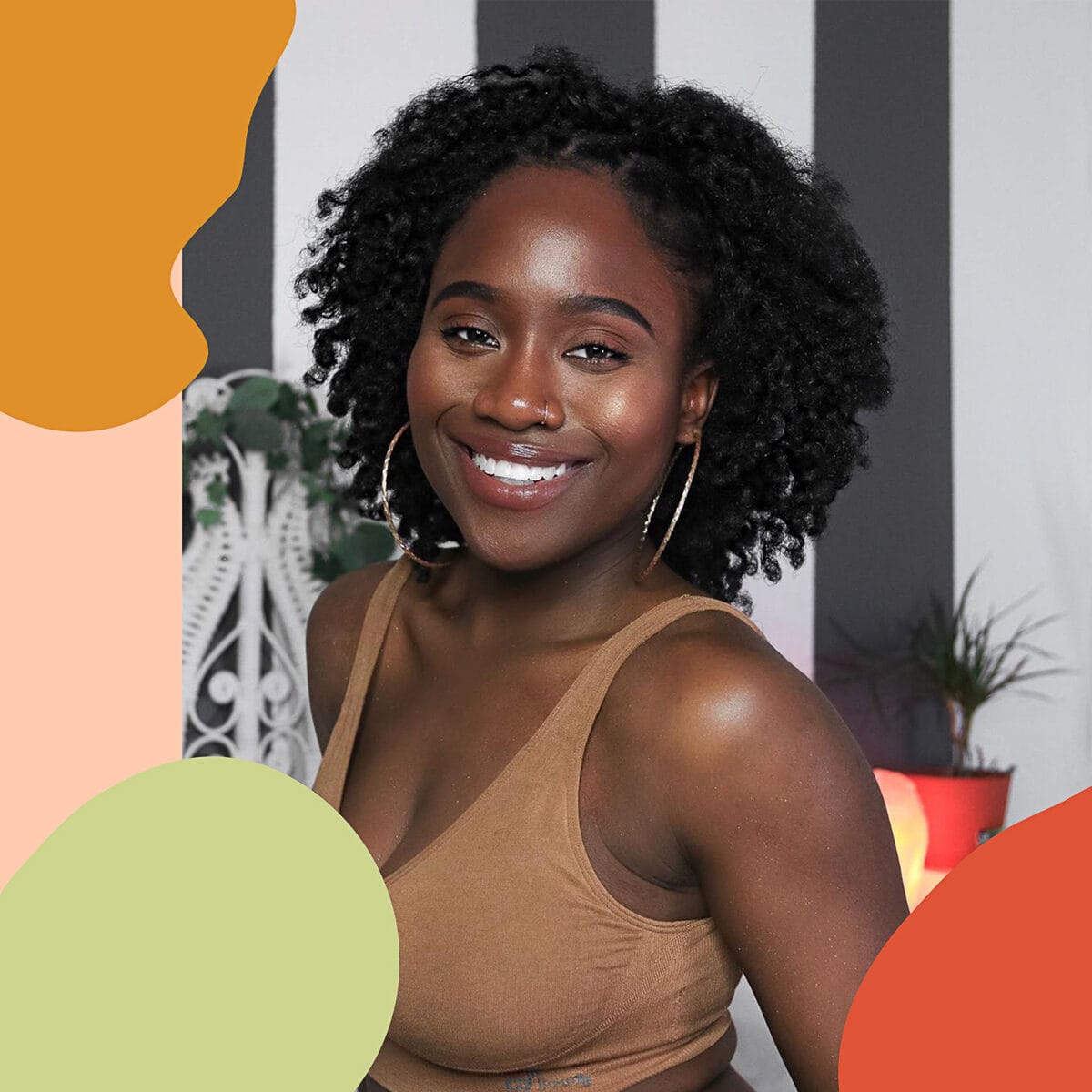 Creator photograph: a woman in a tan Boody bra against the campaign orange and olive shapes