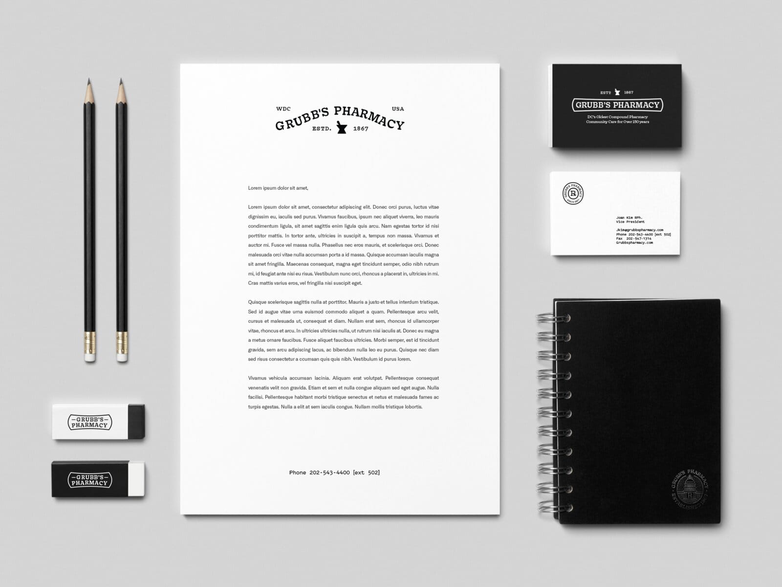 Stationery kit: letterhead, cards, notebook, pencils