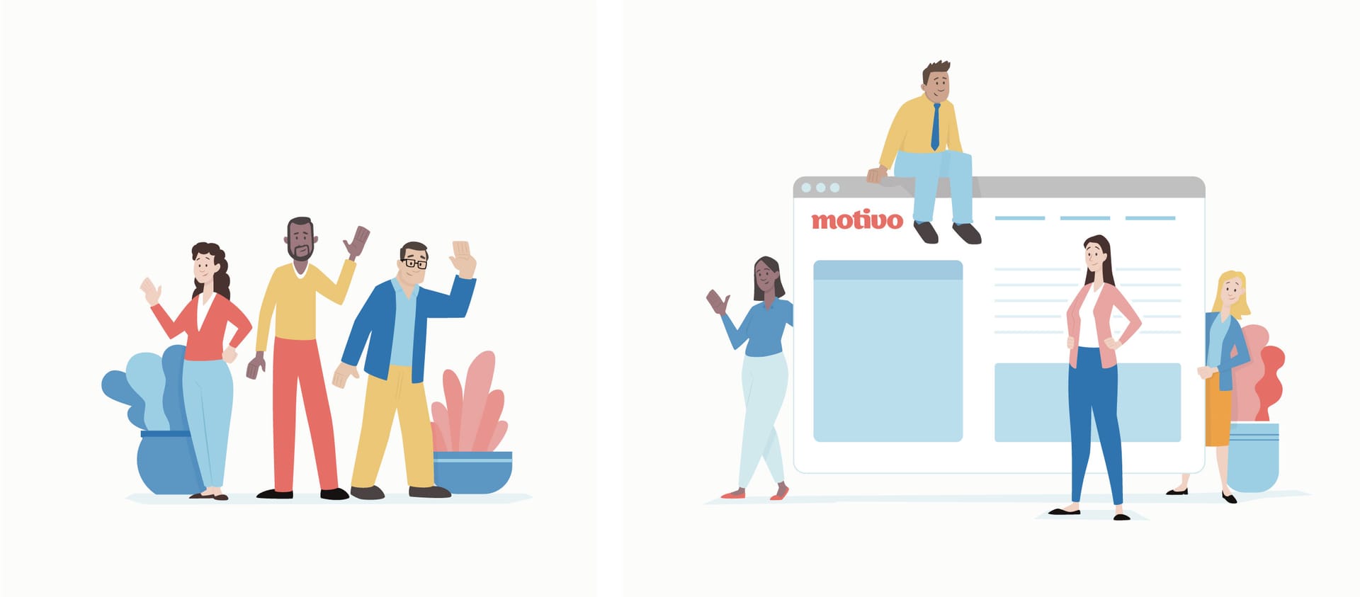 Two illustrated scenes from Motivo's character system. On the left, three figures waving in coral, yellow, and blue. On the right, four figures arranged around a Motivo browser window with the coral wordmark inside.