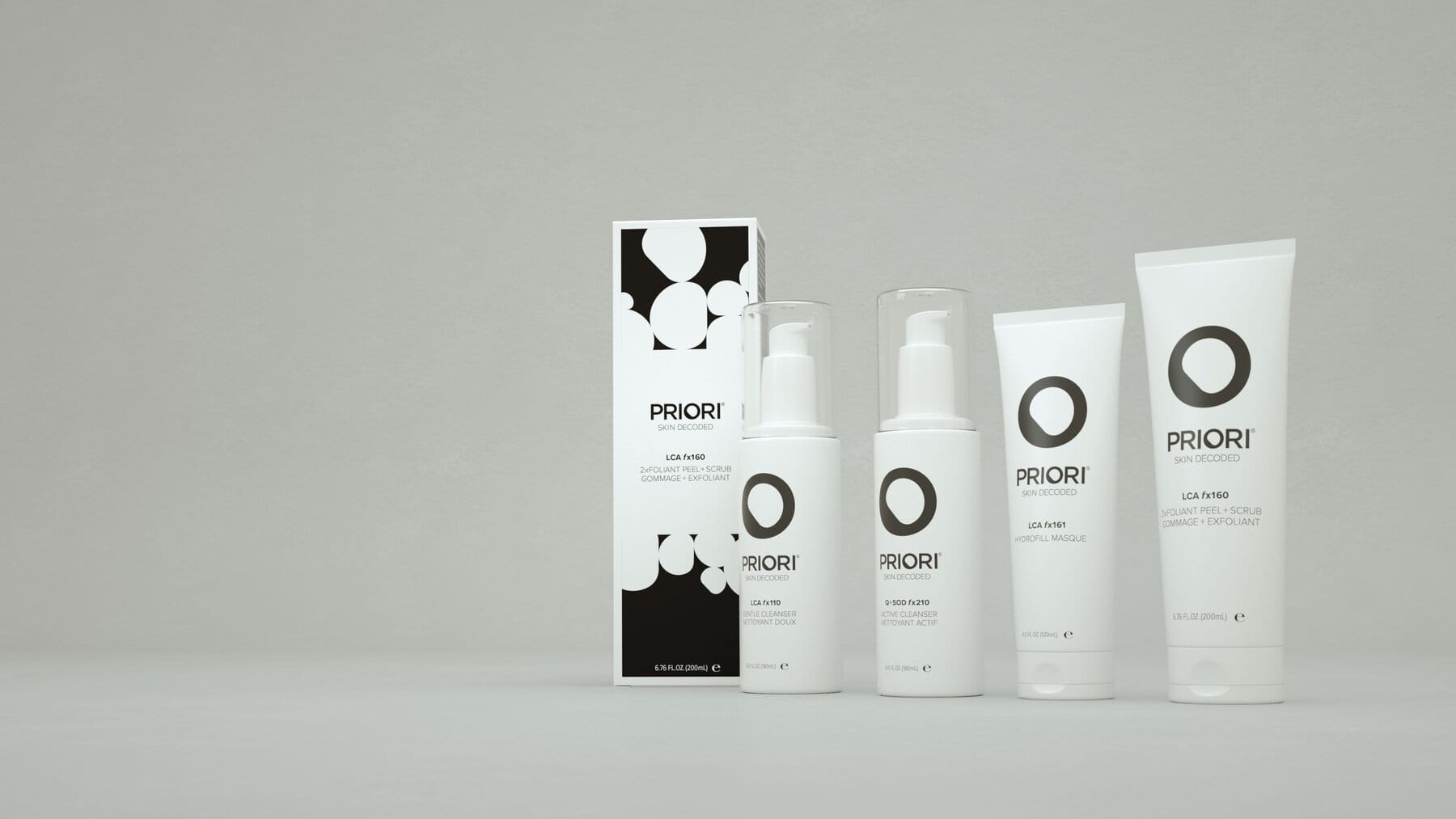 3D render of Priori’s core product line and carton on grey, 2017