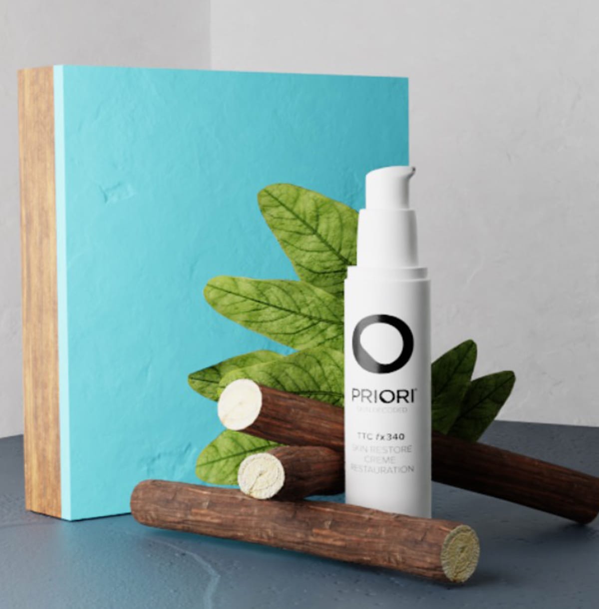 Early 3D scene: Skin Restore Creme against a turquoise block with leaves and licorice root
