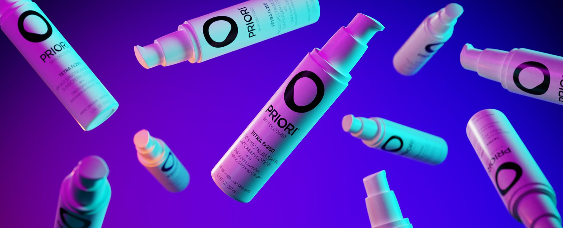 Tetra sunscreen bottles tumbling through violet and blue light