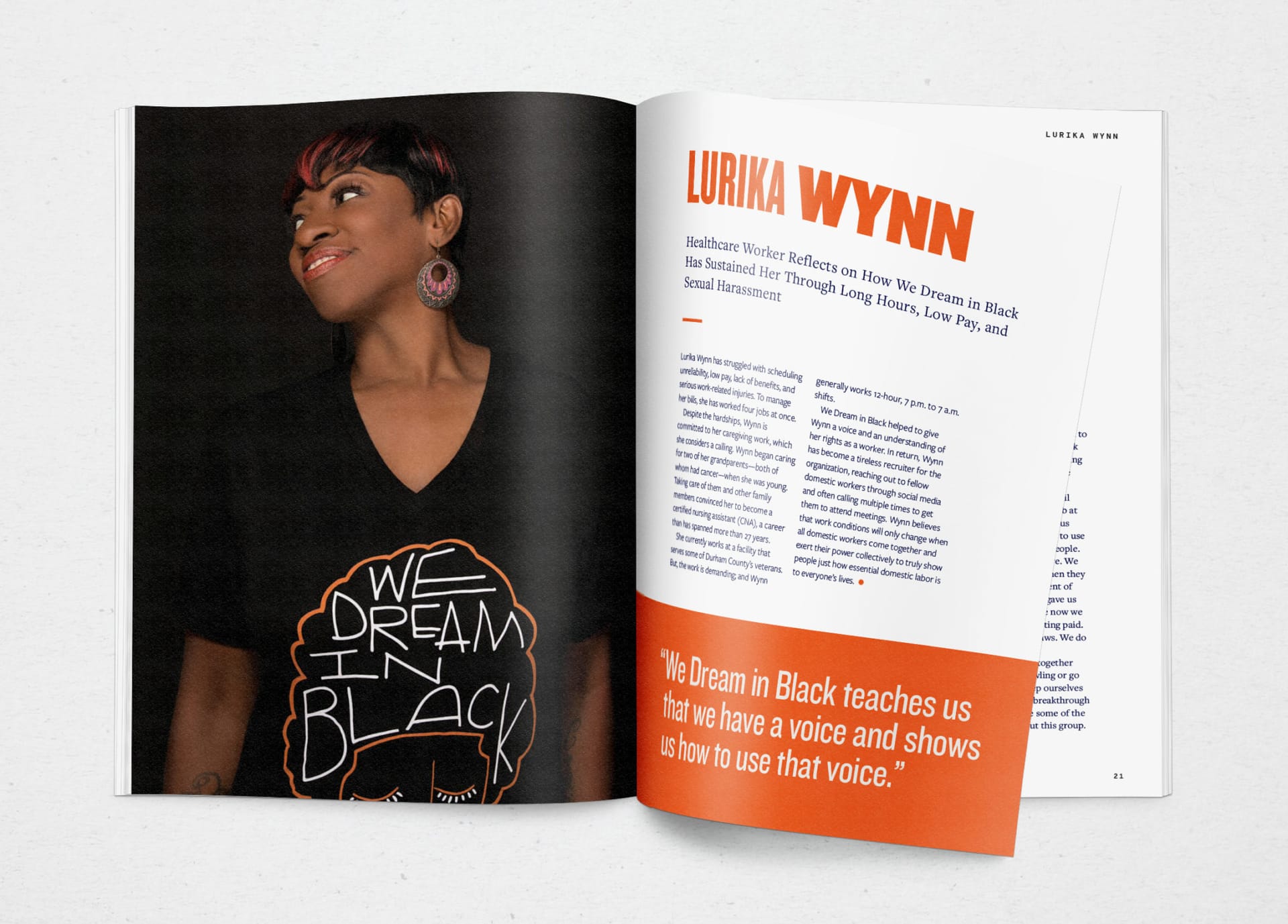 Two-page editorial spread with a portrait of healthcare worker Lurika Wynn on the left and a story headlined LURIKA WYNN in compressed display type on the right, with an orange callout quote panel