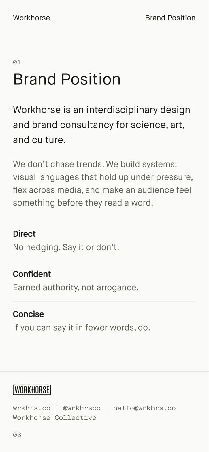The Brand Position chapter at 390 pixels wide, stacked for a phone