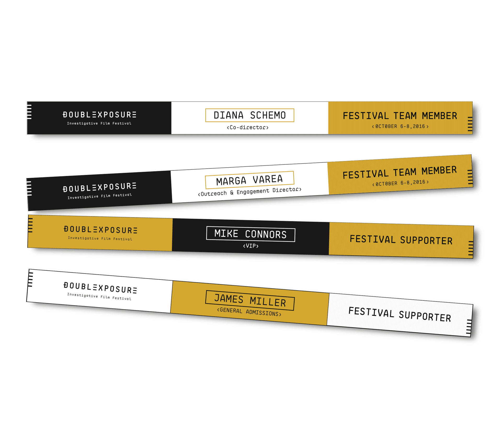 Four festival wristbands in gold, black and white, named for a team member and a supporter