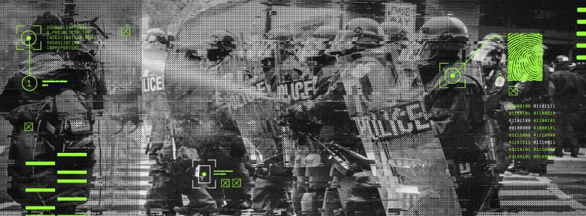 A social header: a halftone street scene with green surveillance marks