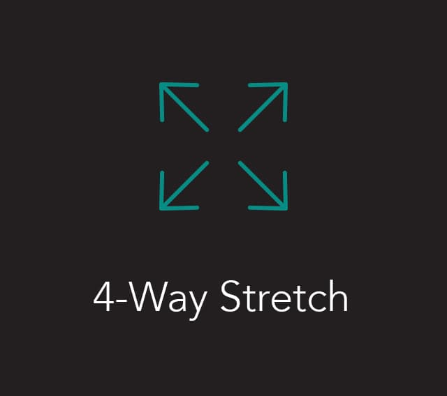 Feature card: 4-Way Stretch, teal line icon on charcoal