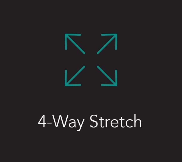 Feature card: 4-Way Stretch, teal line icon on charcoal