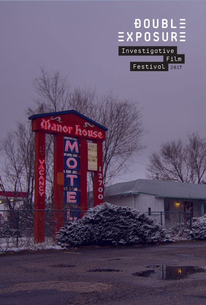 Co-branded poster for Voyeur: the Manor House Motel sign under the festival name