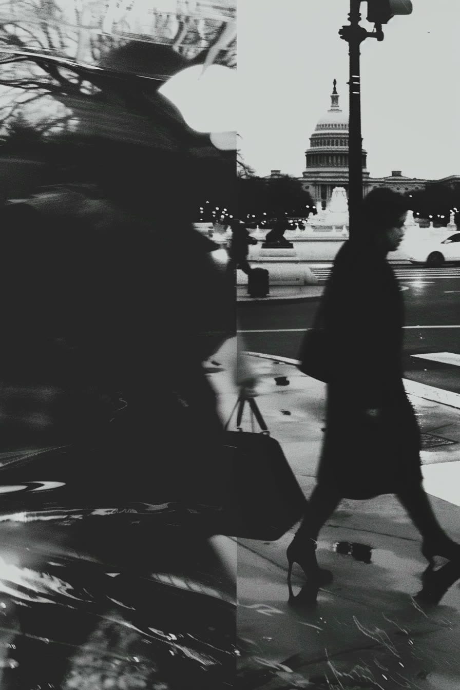 Study: a figure crossing a street, the Capitol behind, double exposed