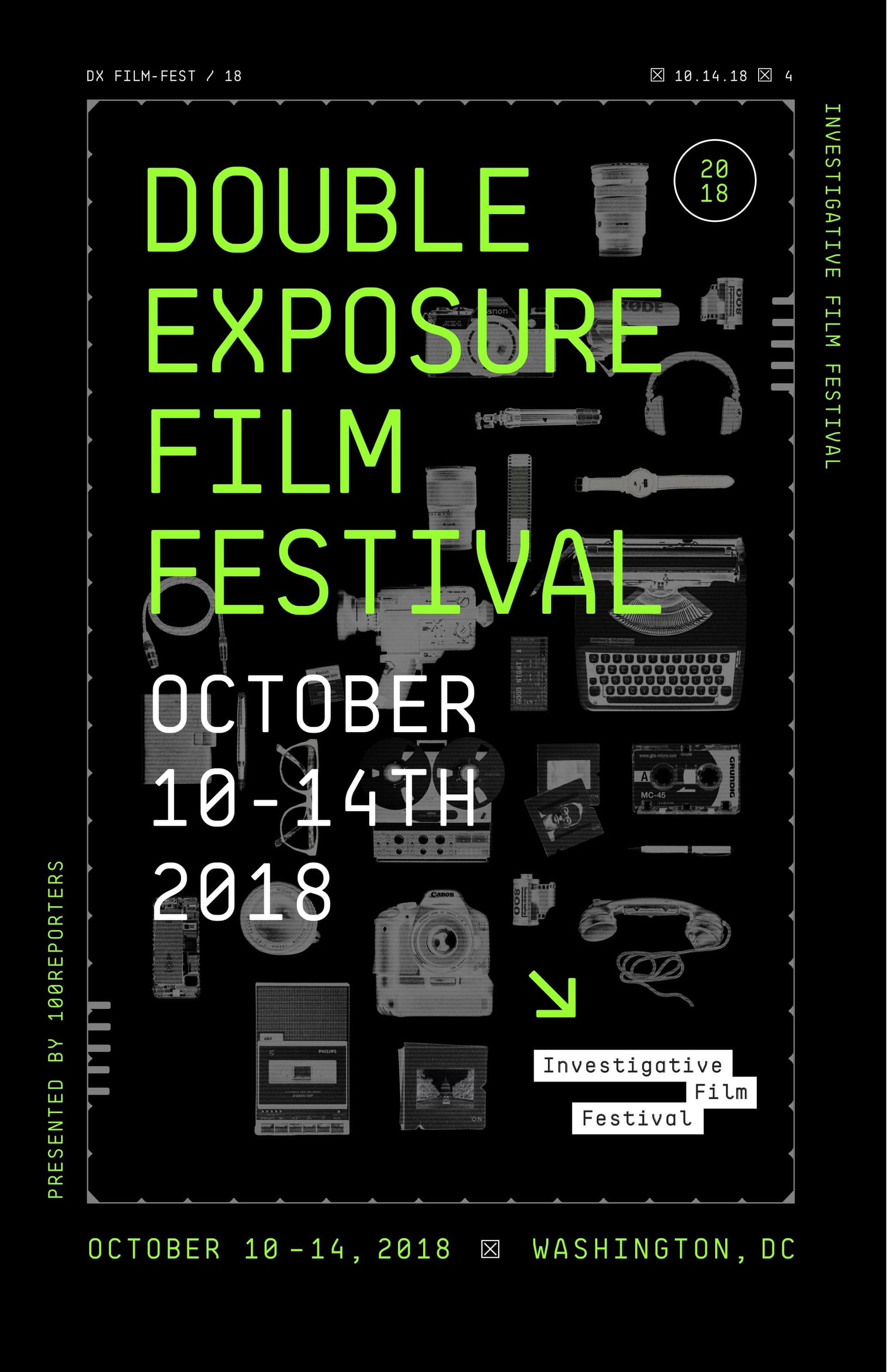 The 2018 poster: the name in green among cameras, a typewriter and a phone