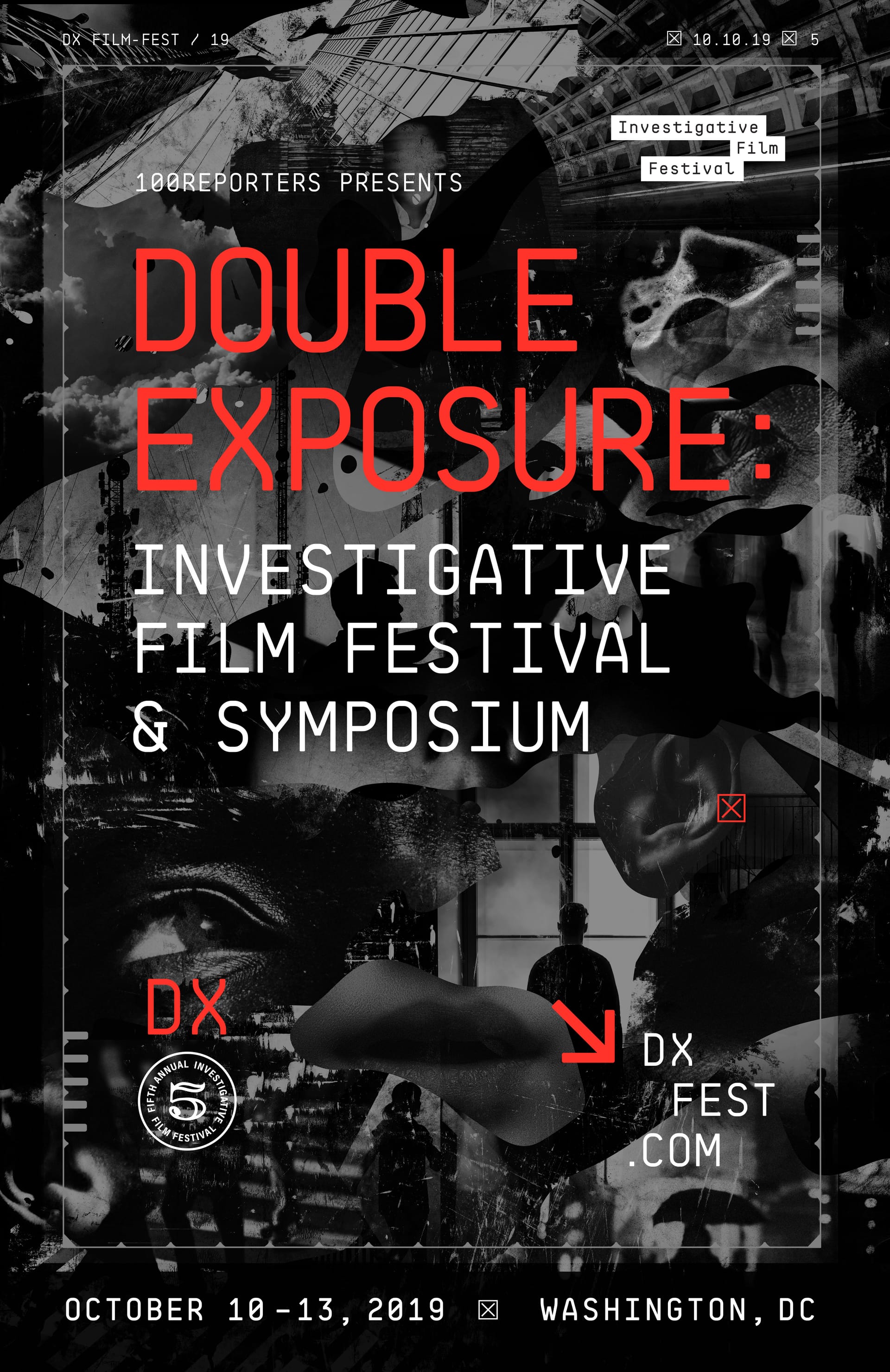 The 2019 poster: the name in red over a collage of eyes and hands