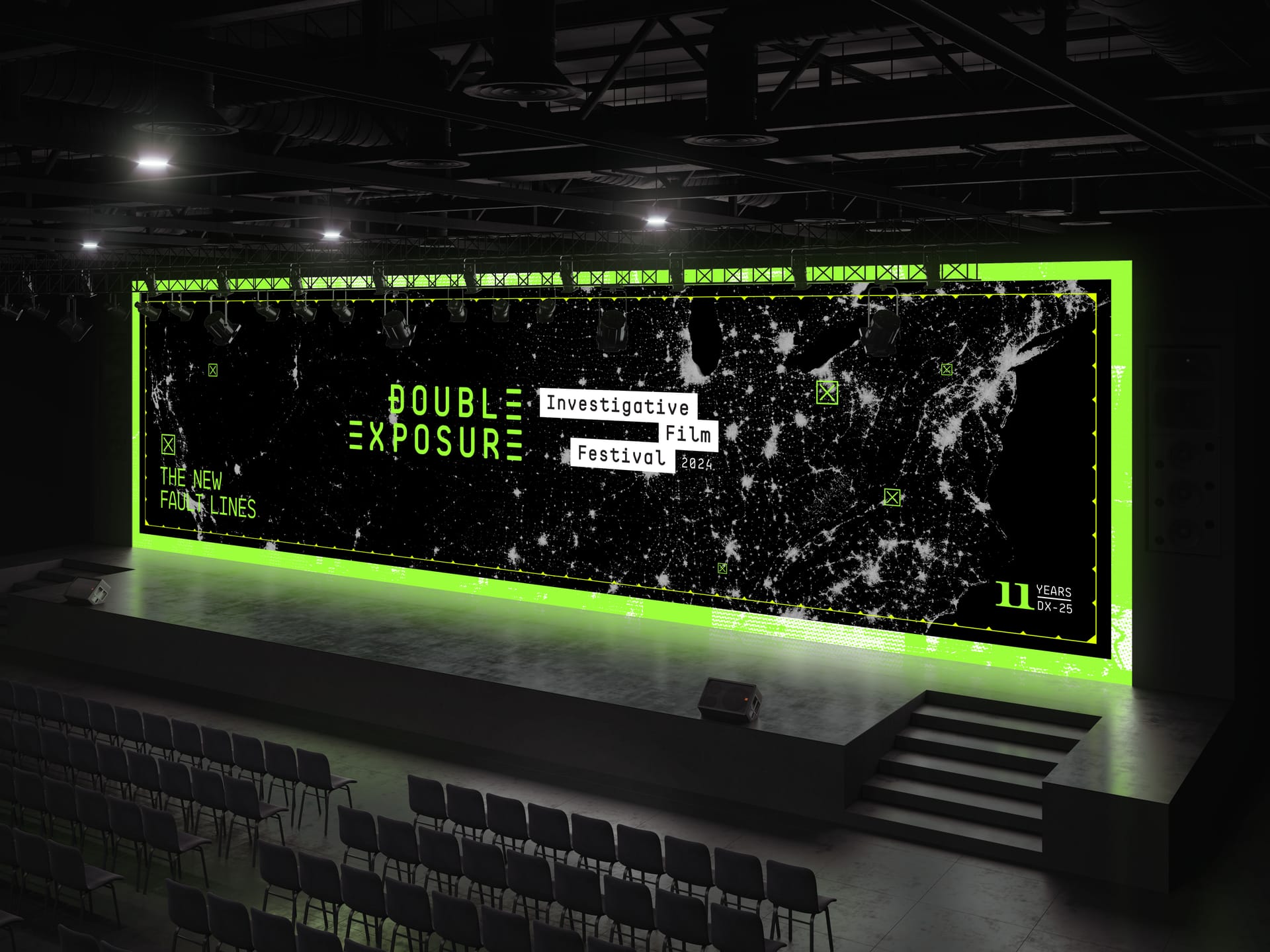 The 2025 title frame on a theater screen, a green frame around the seaboard at night