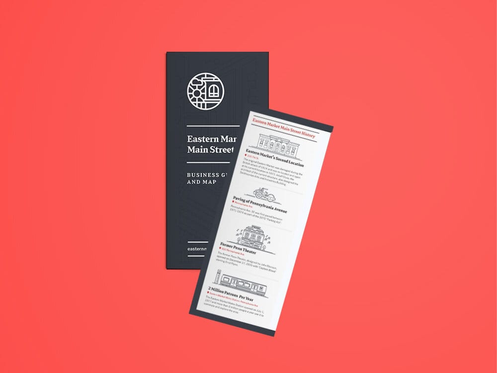 Two brochure covers on a coral ground