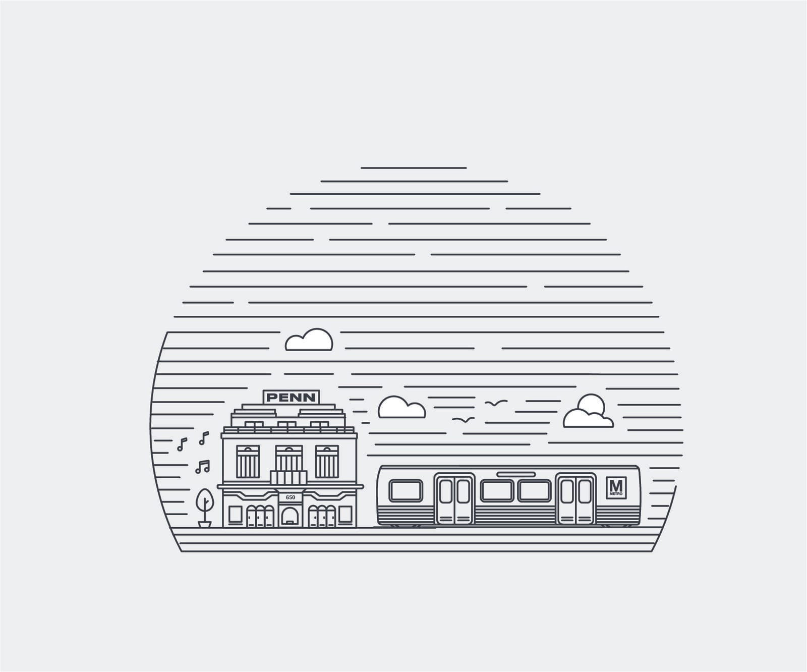 Line-art illustration of the Eastern Market facade and Metro train on black