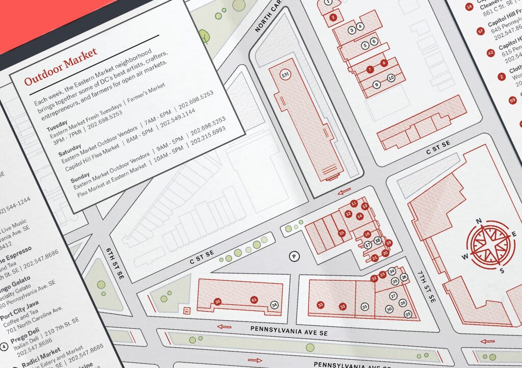 Close-up of the neighborhood map artwork: cream ground, red category dots, business listings