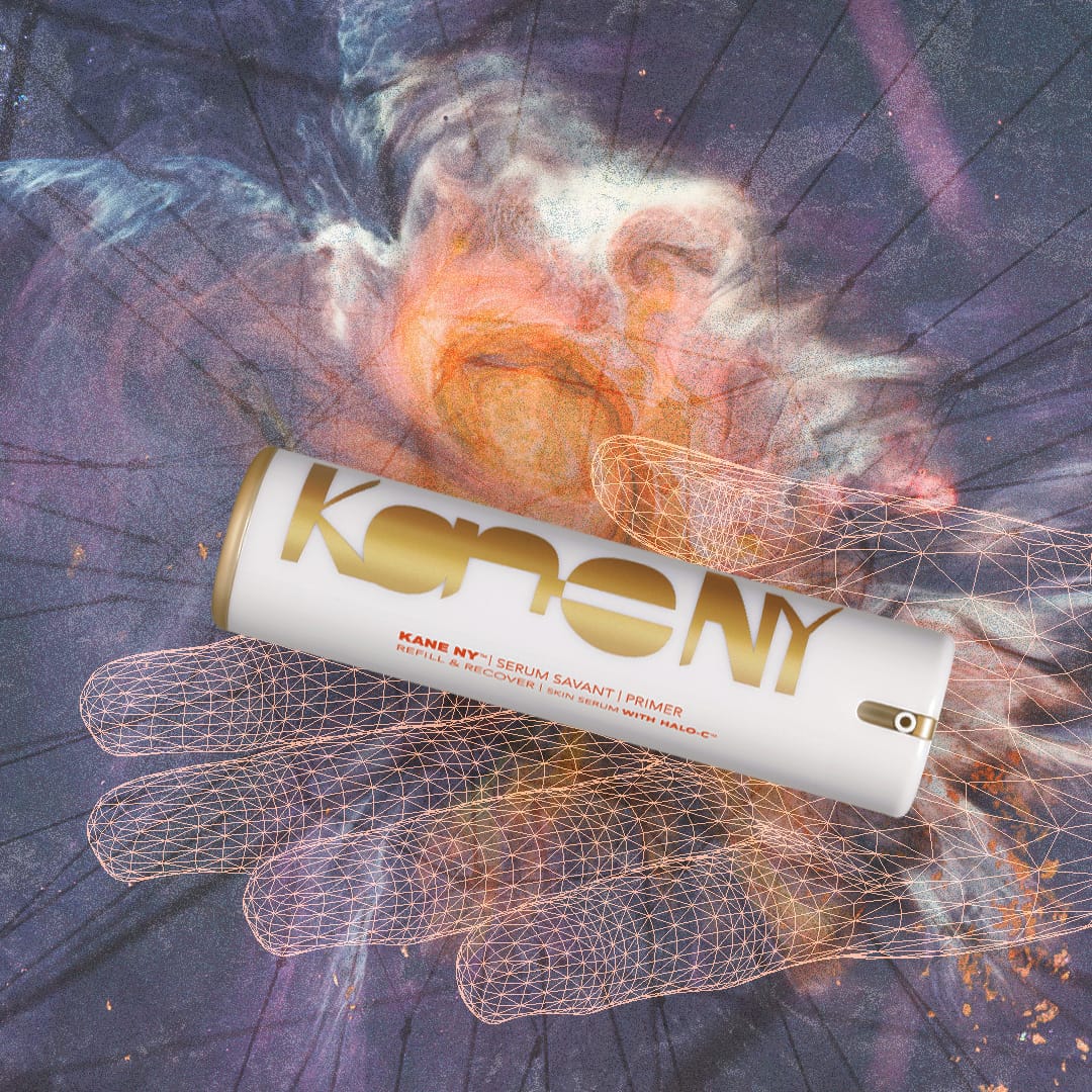 Kane NY 3D render, the tube resting in a wireframe hand over a nebula