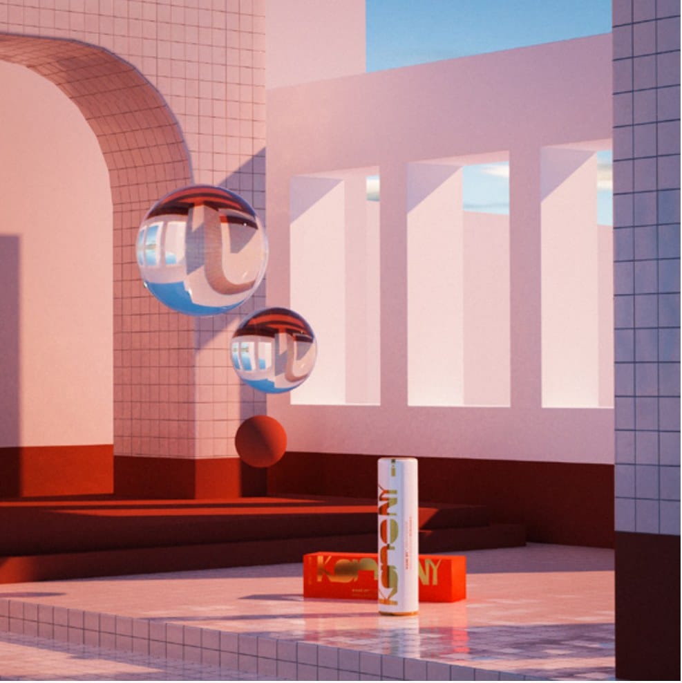 Kane NY 3D render, the tube and box in a pink tiled courtyard with chrome spheres