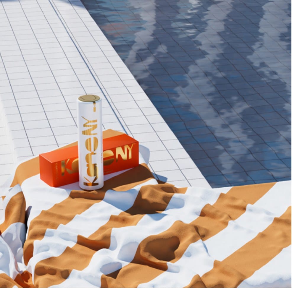 Kane NY 3D render, the tube and box on a striped towel at a pool edge