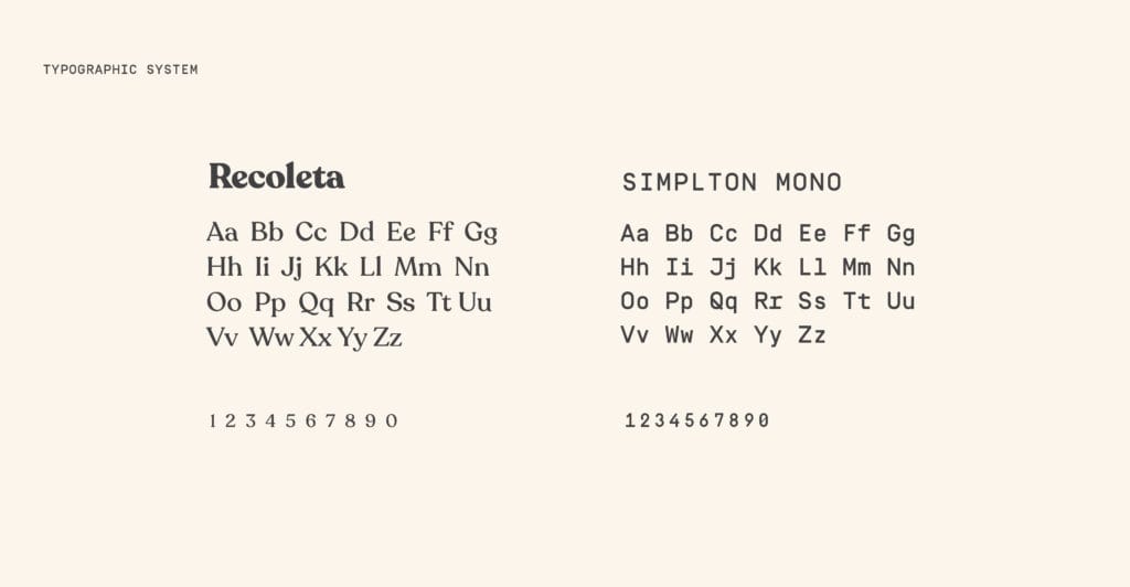 Brand book page showing the typographic system: Recoleta black serif on the left with alphabet and numerals, and SIMPLTON MONO geometric monospace on the right with matching set
