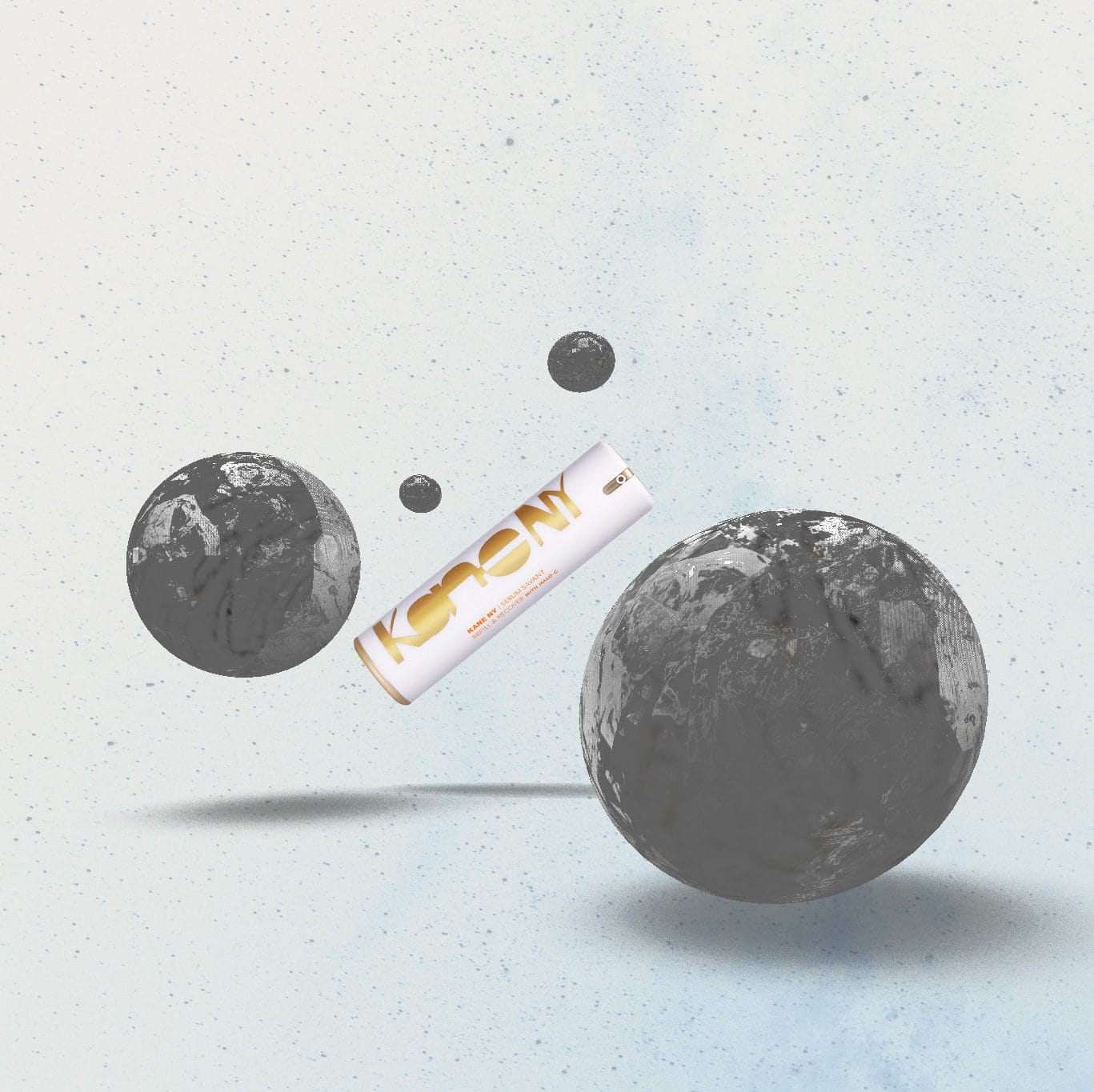 Kane NY 3D render, the tube floating among grey stone spheres