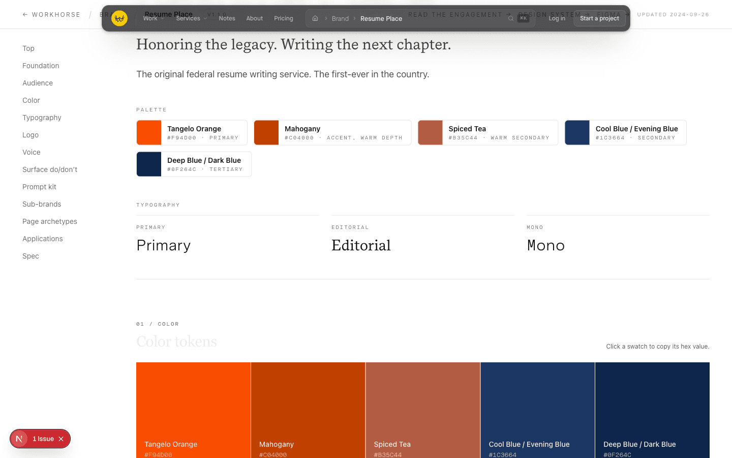 Live brand book for Resume Place showing palette, typography, and section index.