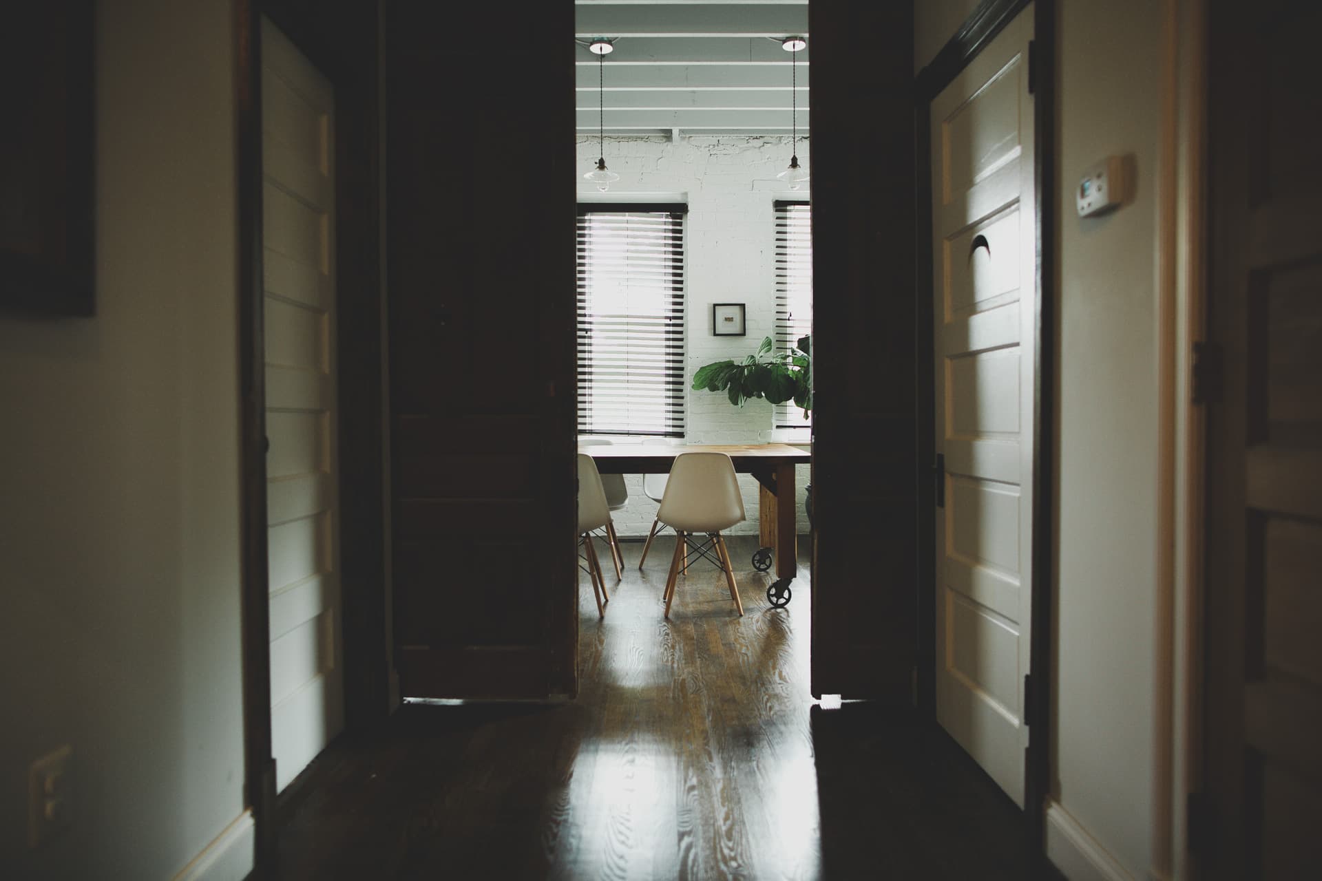 The studio's second-floor conference room, viewed through the pocket doors.